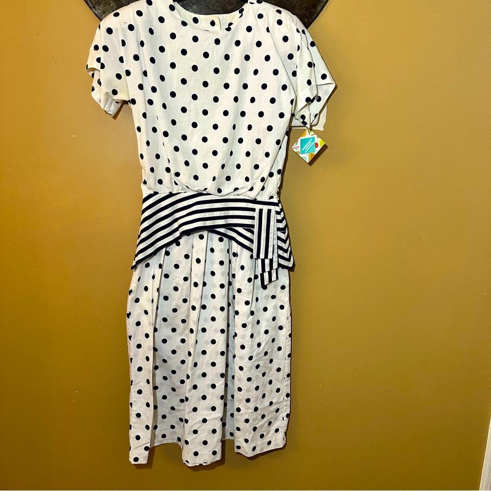 R.E.O originals vintage navy blue and white polka dot and stripped dress 10
